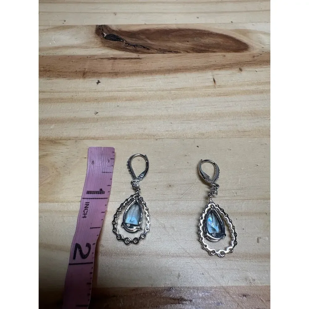 Blue Rhinestone Teardrop Dangle Leverback Earrings